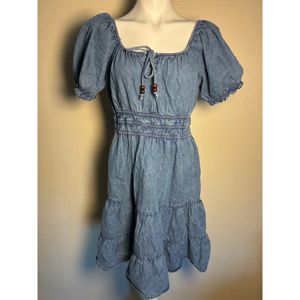 Speed Limit MPH Chambray Mini Dress XL Blue Tiered Smocked Puff Sleeve Boho